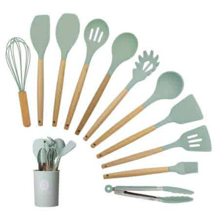 ✨Set Utensilios De Cocina x 12 Piezas Silicona Mango Madera