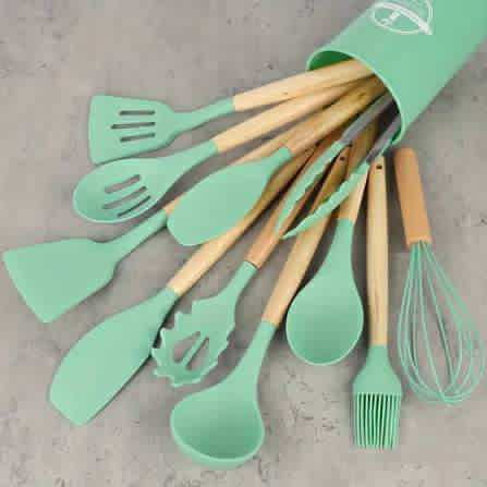 ✨Set Utensilios De Cocina x 12 Piezas Silicona Mango Madera