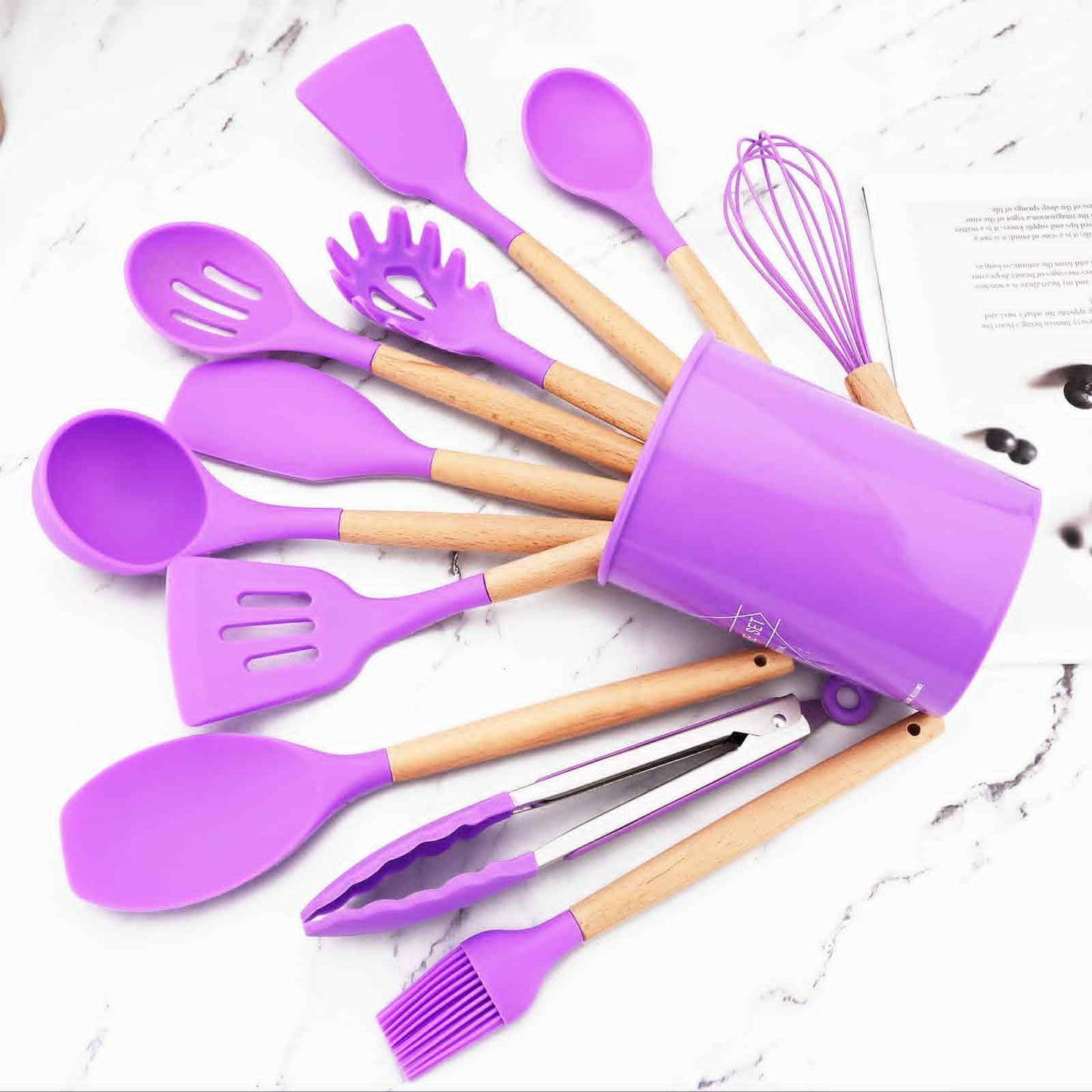 ✨Set Utensilios De Cocina x 12 Piezas Silicona Mango Madera