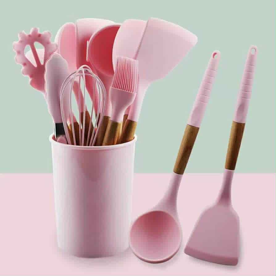 ✨Set Utensilios De Cocina x 12 Piezas Silicona Mango Madera