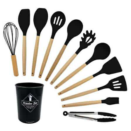 ✨Set Utensilios De Cocina x 12 Piezas Silicona Mango Madera