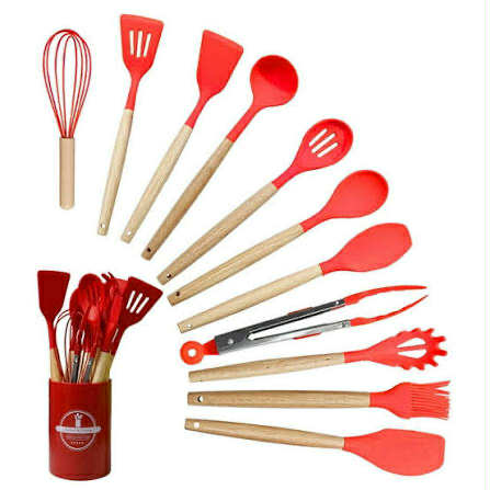 ✨Set Utensilios De Cocina x 12 Piezas Silicona Mango Madera